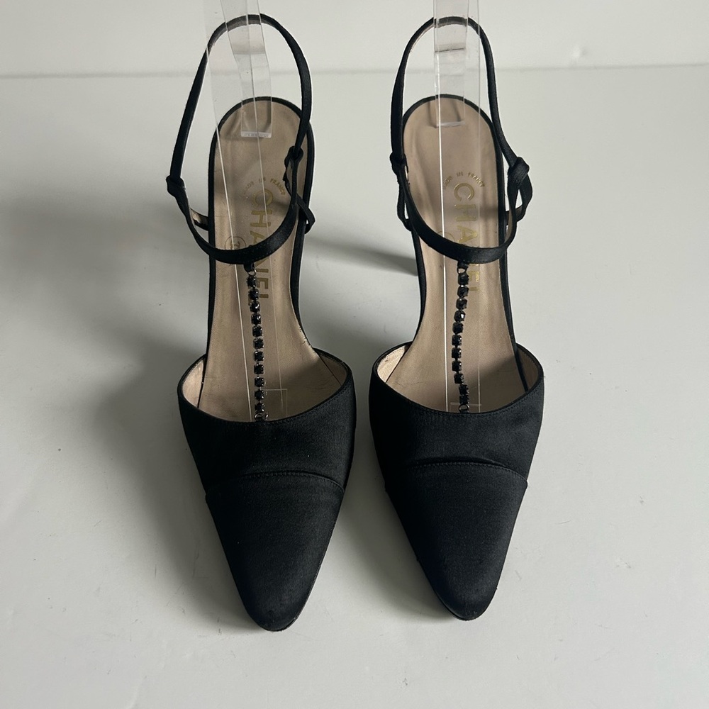 CHANEL Vintage Black Silk Satin T-Strap Heels Rhinestone Detail Karl Lagerfeld - Picture 9 of 13